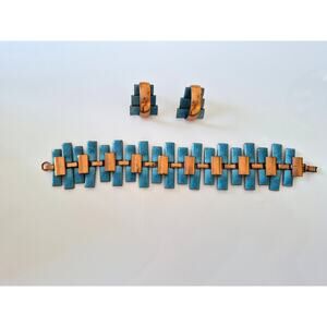 Vintage Matisse Renoir Blue Enamel Copper Peter Pan Bracelet and Earring Set